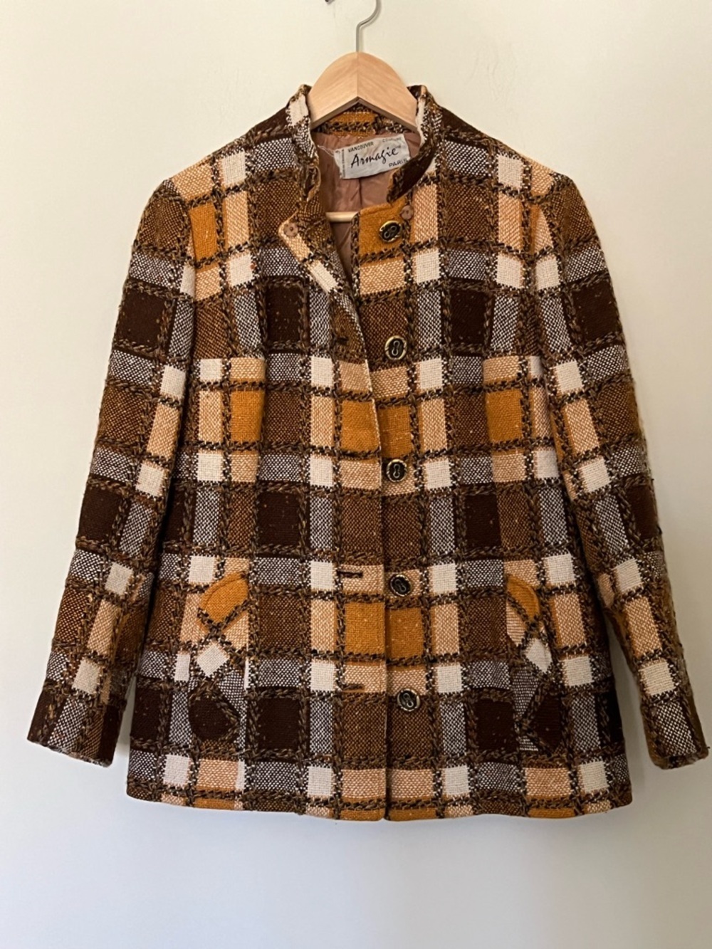 Vintage Classic Made In France Wool Check Plaid Jacket Brass Buttons S/M